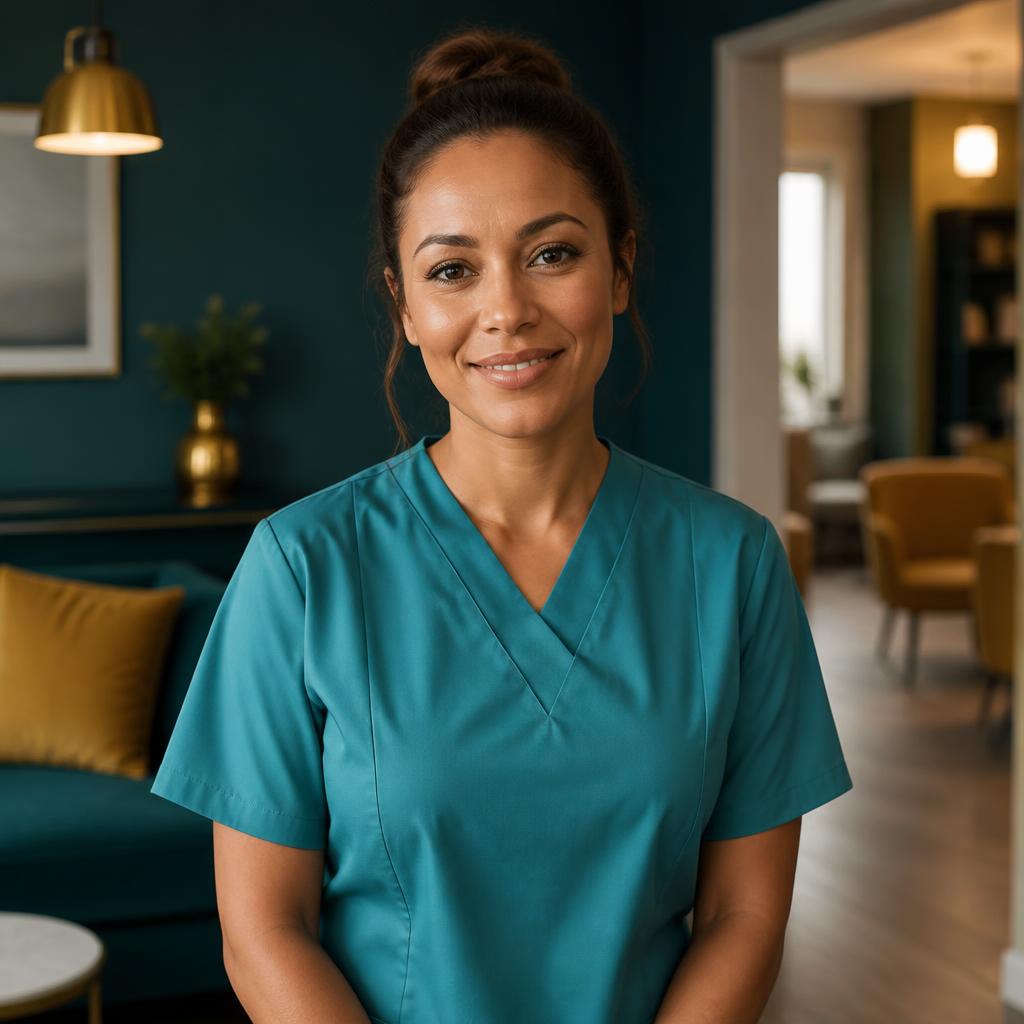 Professional care worker smiling in a supported living home